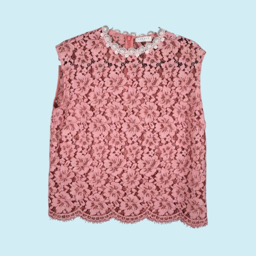 Sandro Lace Top Women's Size 2 Pink Floral Sleeveless Blouse Coquette Romantic